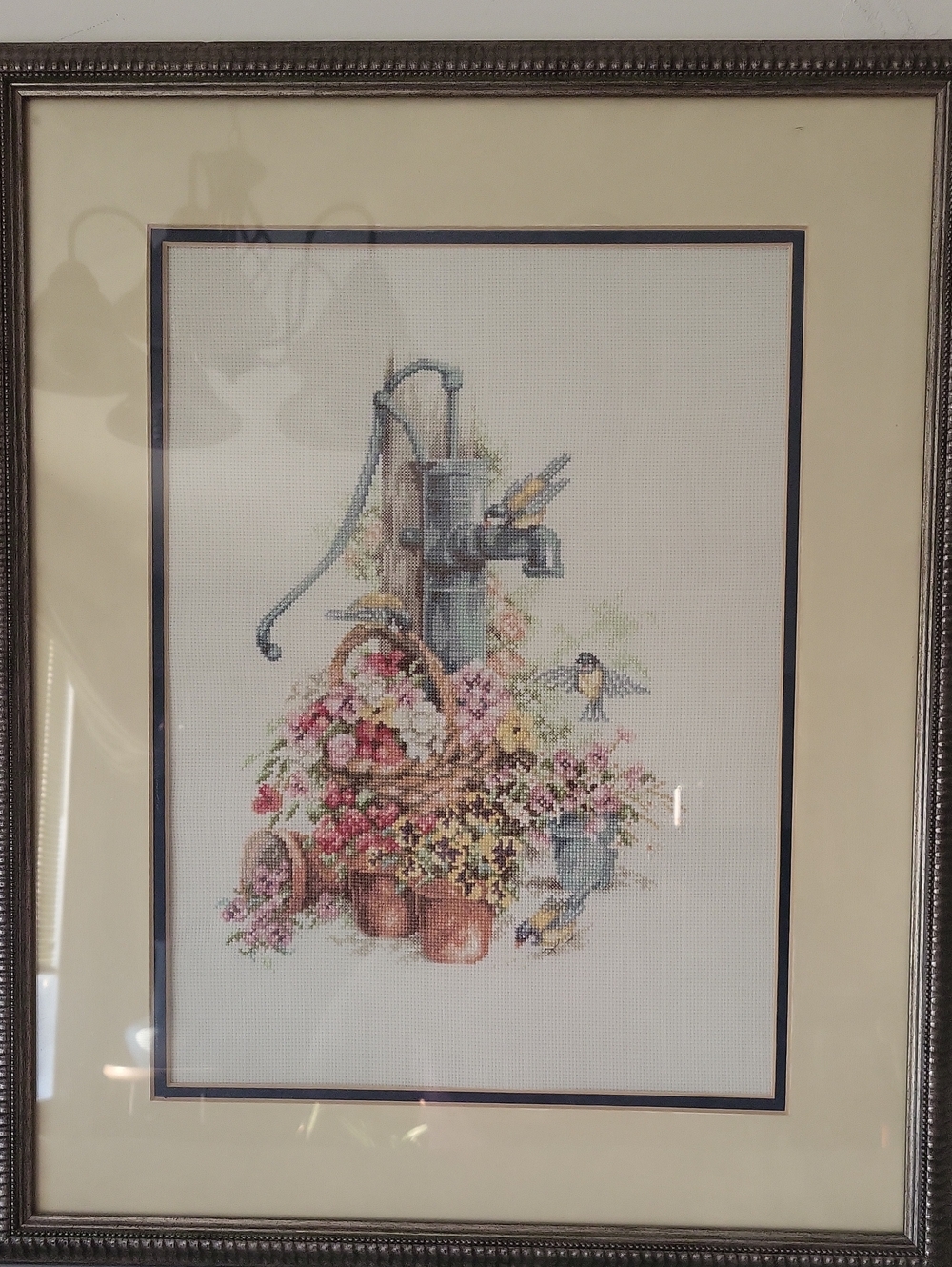 Vintage Framed Lanarte Completed Cross Stitch Birds at Water Pump Willem Haenrae